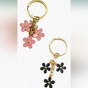 Flower Key Chains or Bag Charms, Gold tone with black & pink flowers ,Brand New!
